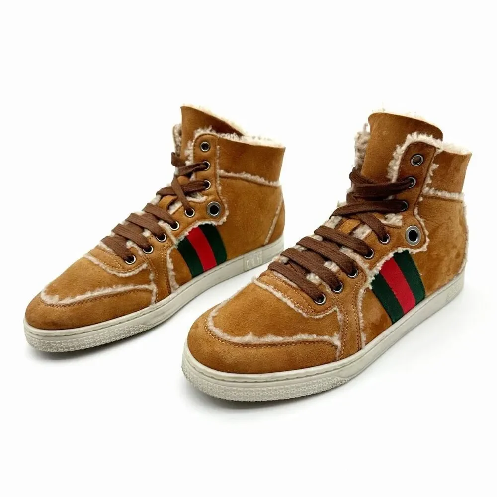 GUCCI Brown Suede Shearling Ace Sneakers Size 39 US 8.5 High Top Web Stripe Fur